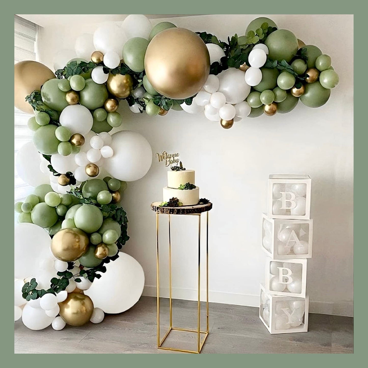 Eucalyptus Green, White, and Gold Balloon Garland Kit